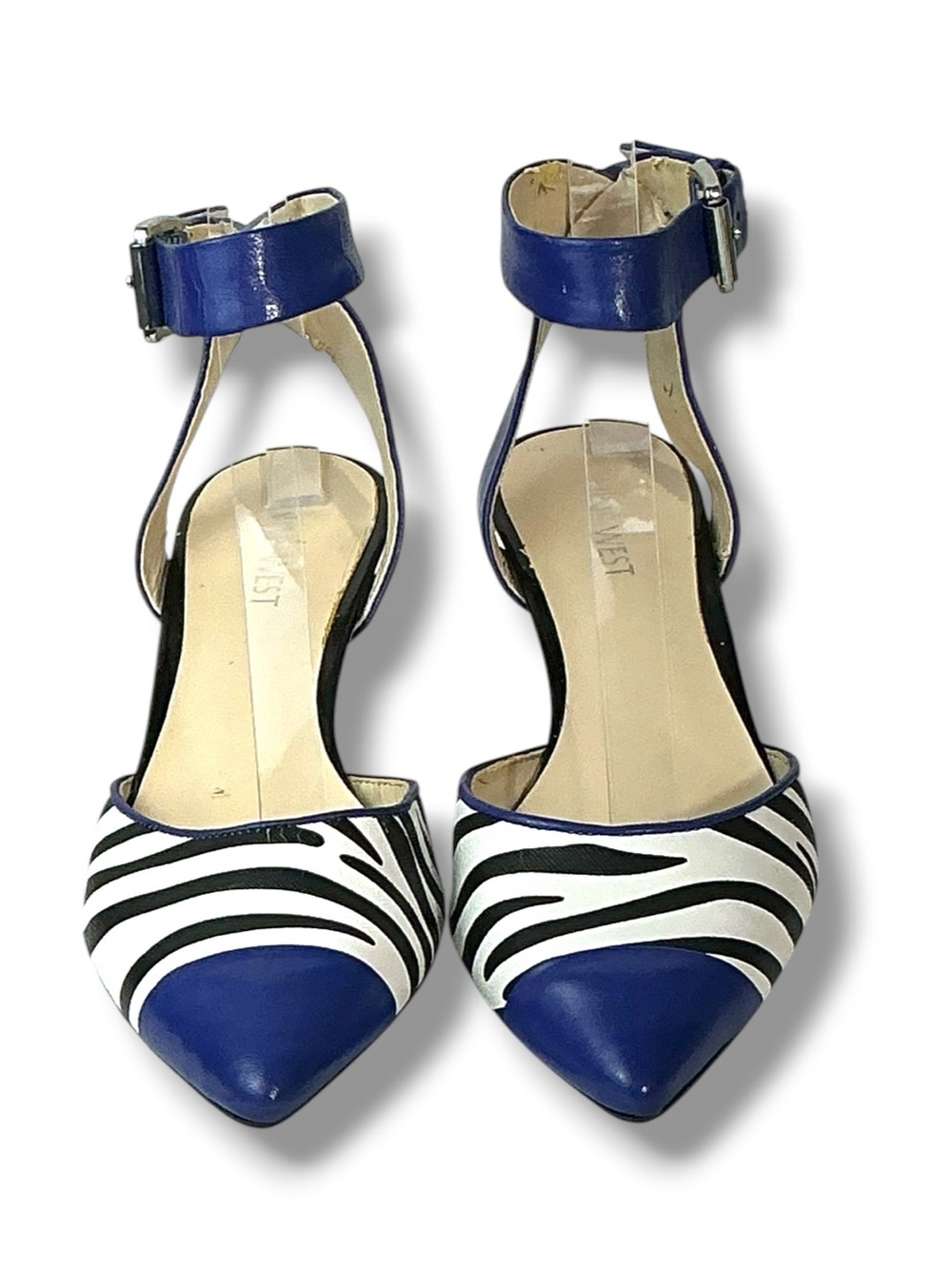 Nine West Zebra Print Pointed Toe Ankle Strap Pump 2” Kitten Heel Blue Black 6 - Picture 3 of 16